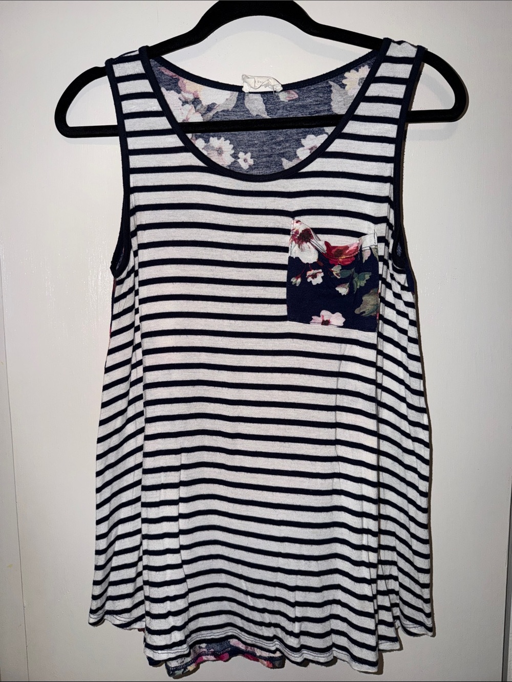 Hyped Unicorn Striped Navy and White Floral Pocket and Back Blouse